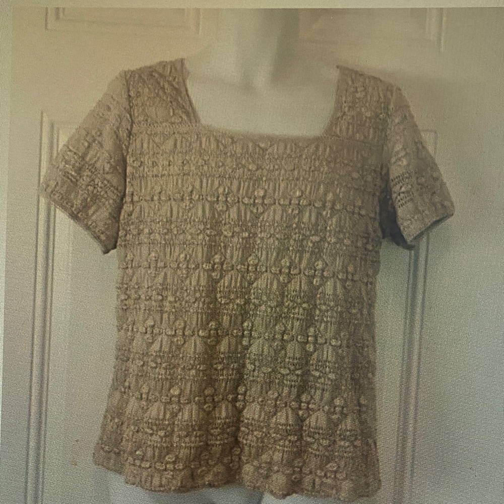 Textured Square-Neck Short Sleeve Top in Beige